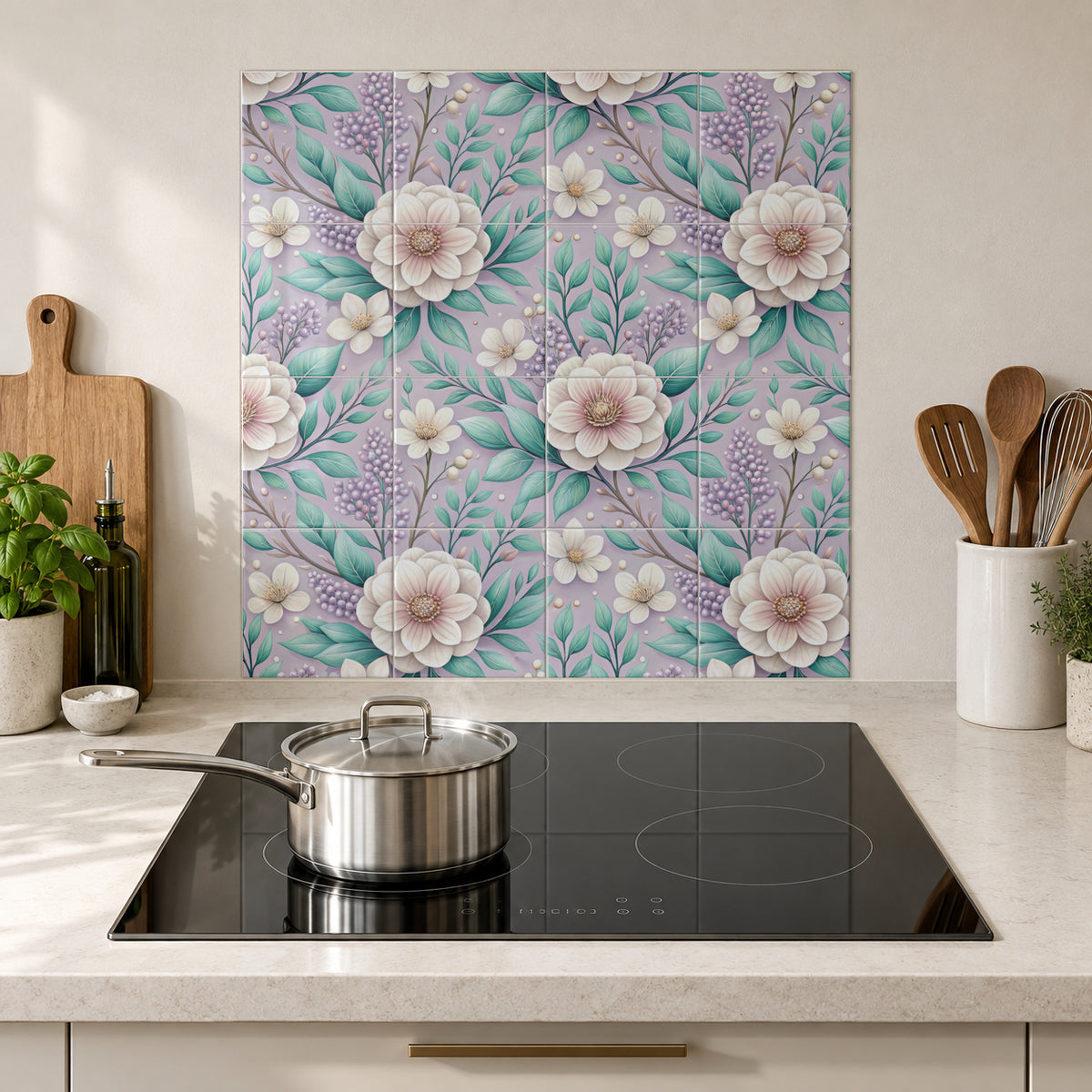 Lilac Meadow with Ivory Blossoms in the Wolfborn Studio kitchen mockup; 60 x 60 cm panel across 4 rows and 4 columns of 15 cm tiles. Styling illustration.