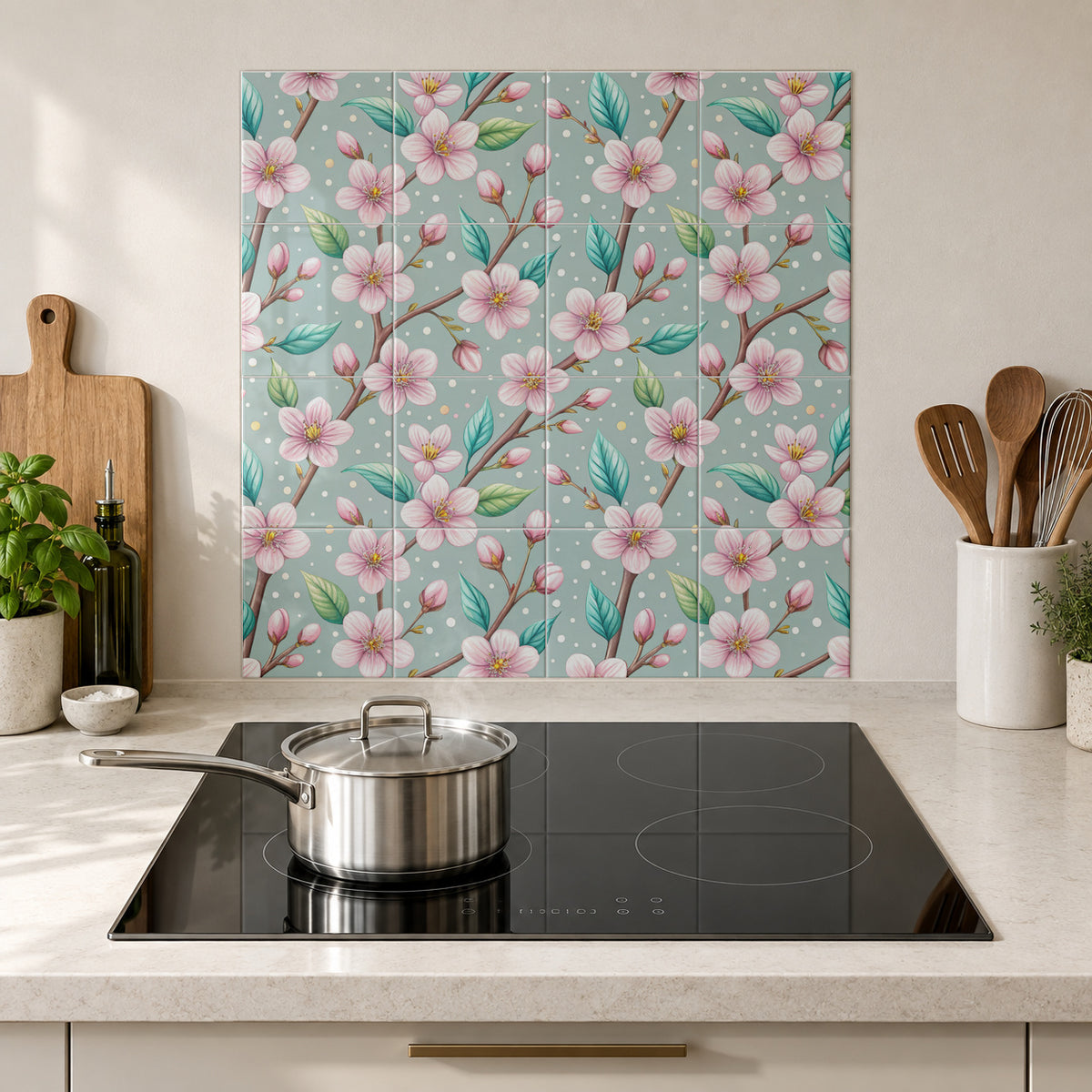 Pink Cherry Blossom on Sage in the Wolfborn Studio kitchen mockup; 60 x 60 cm panel across 4 rows and 4 columns of 15 cm tiles. Styling illustration.