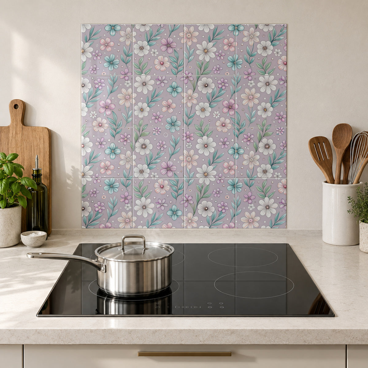 Pastel Daisy Scatter in the Wolfborn Studio kitchen mockup; 60 x 60 cm panel across 4 rows and 4 columns of 15 cm tiles. Styling illustration.