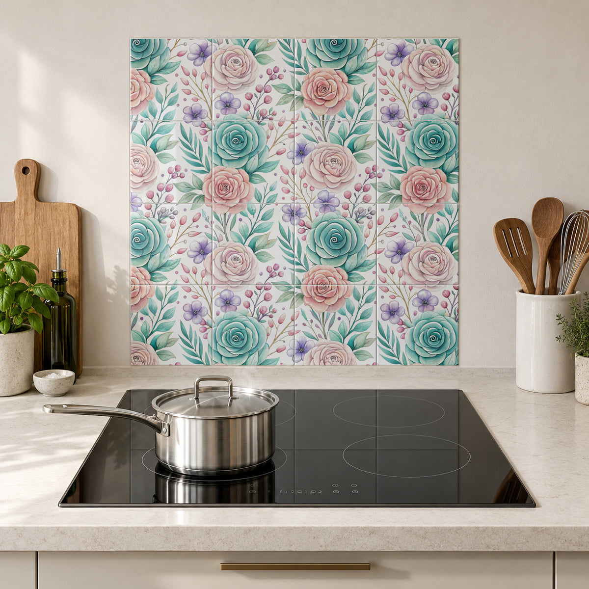 Blush and Turquoise Rose Trail in the Wolfborn Studio kitchen mockup; 60 x 60 cm panel across 4 rows and 4 columns of 15 cm tiles. Styling illustration.