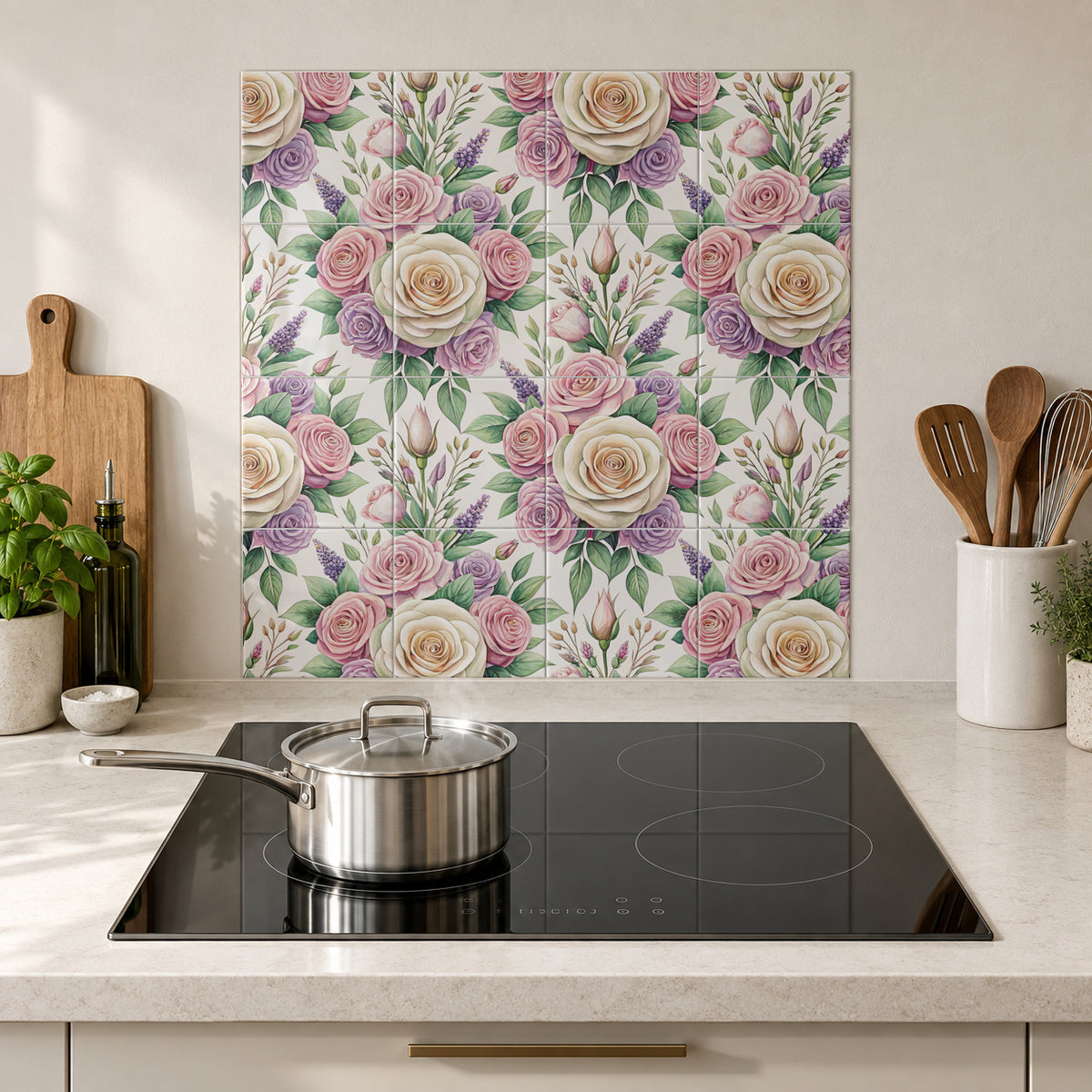 Cream Pink and Lilac Rose Bouquet in the Wolfborn Studio kitchen mockup; 60 x 60 cm panel across 4 rows and 4 columns of 15 cm tiles. Styling illustration.