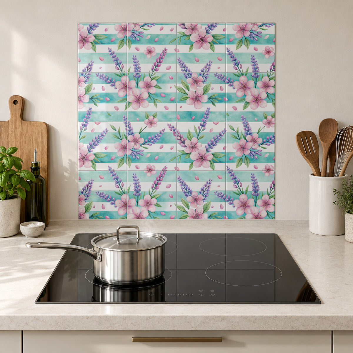 Mint Stripe Blossom Garden in the Wolfborn Studio kitchen mockup; 60 x 60 cm panel across 4 rows and 4 columns of 15 cm tiles. Styling illustration.