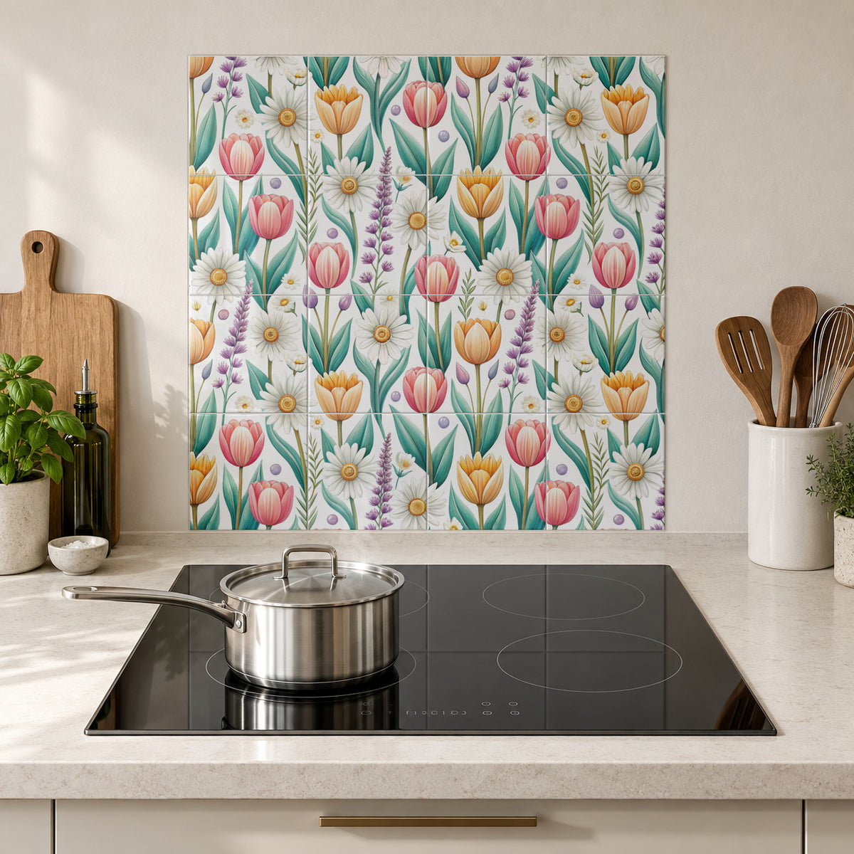Spring Tulip and Daisy Meadow in the Wolfborn Studio kitchen mockup; 60 x 60 cm panel across 4 rows and 4 columns of 15 cm tiles. Styling illustration.
