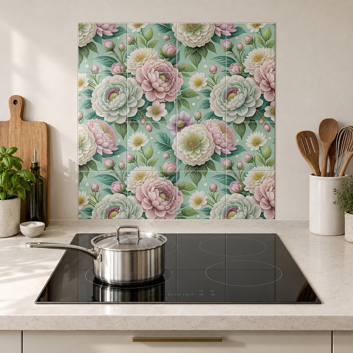 Sage and Blush Layered Blooms in the Wolfborn Studio kitchen mockup; 60 x 60 cm panel across 4 rows and 4 columns of 15 cm tiles. Styling illustration.
