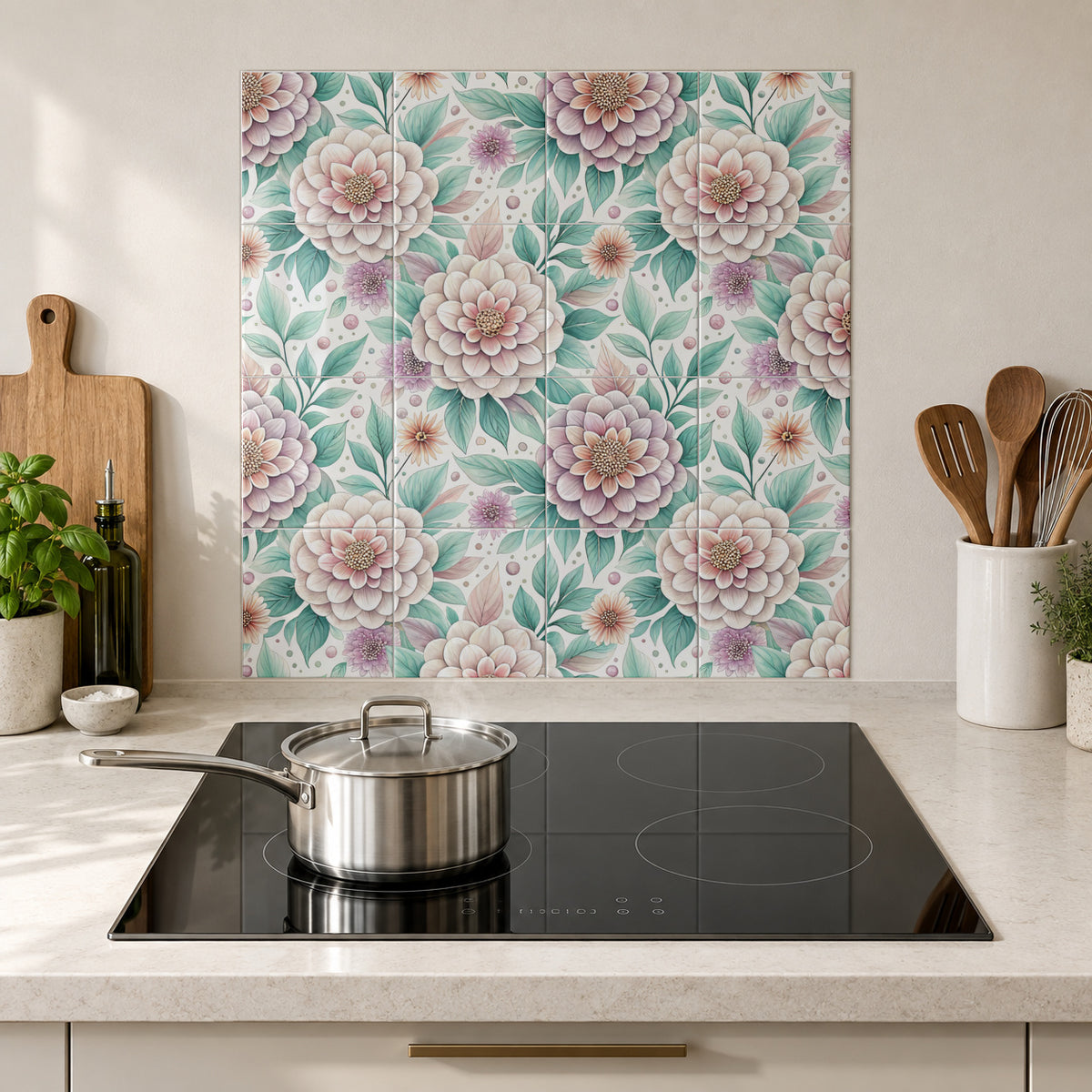 Dusty Rose Floral Confetti in the Wolfborn Studio kitchen mockup; 60 x 60 cm panel across 4 rows and 4 columns of 15 cm tiles. Styling illustration.