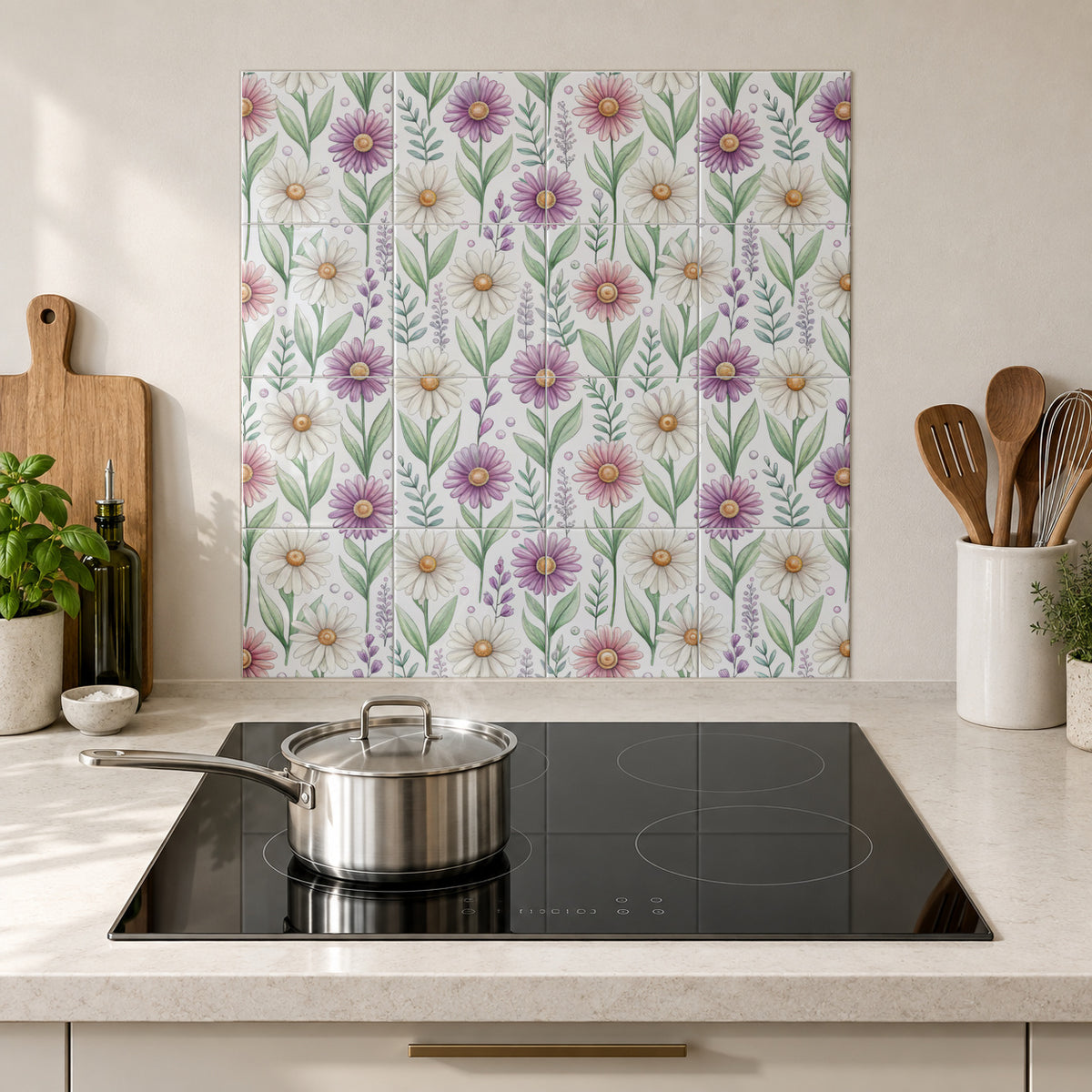 Lilac and Ivory Daisy Sprigs in the Wolfborn Studio kitchen mockup; 60 x 60 cm panel across 4 rows and 4 columns of 15 cm tiles. Styling illustration.
