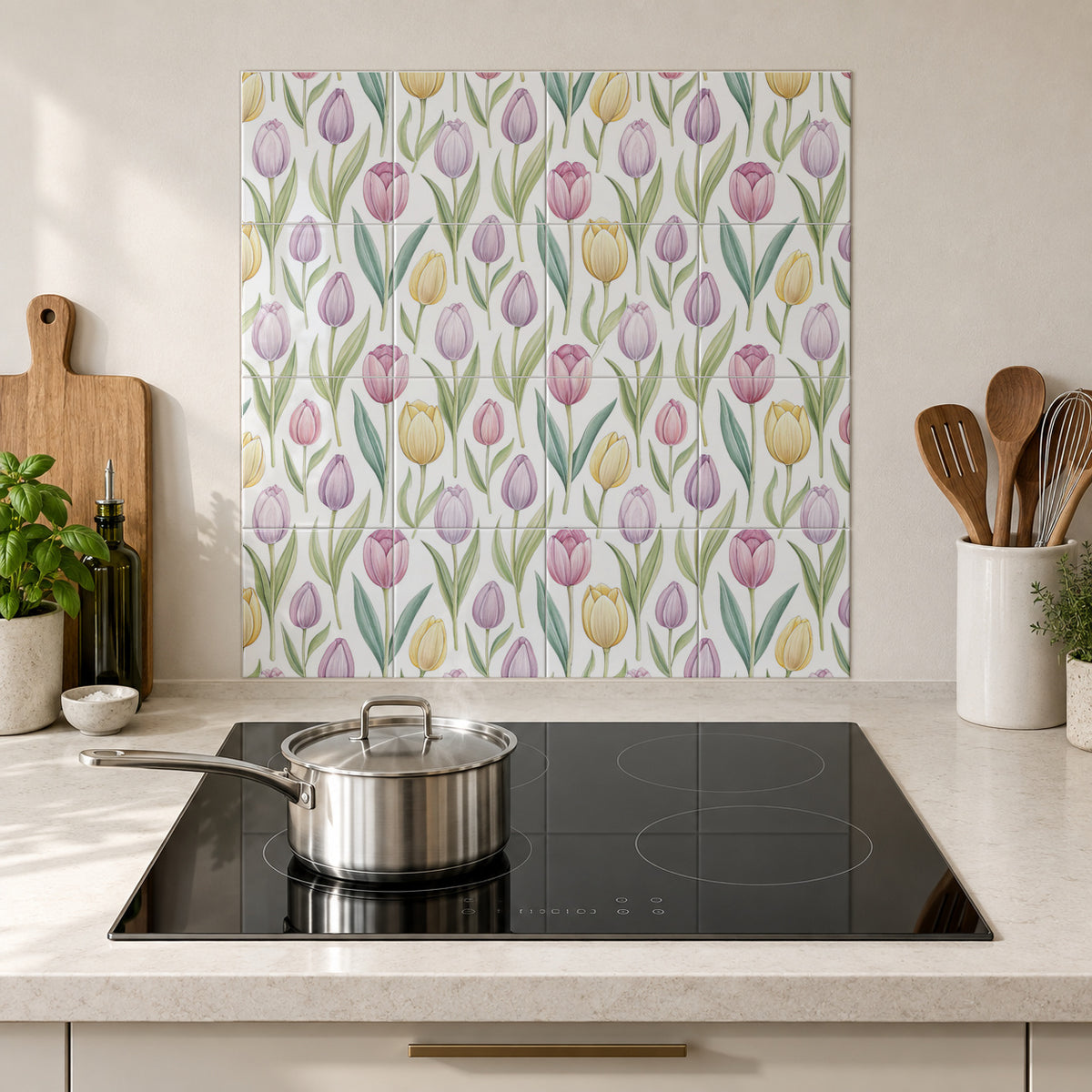 Pastel Tulip Garden in the Wolfborn Studio kitchen mockup; 60 x 60 cm panel across 4 rows and 4 columns of 15 cm tiles. Styling illustration.