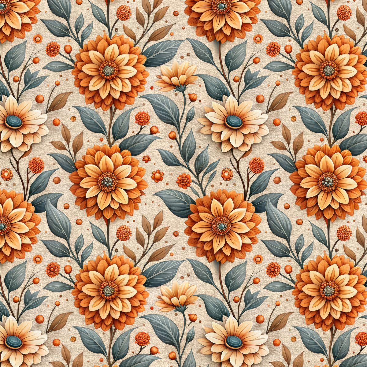 Burnt Orange Blooms on Linen artwork at the supplied scale for a nominal 60 x 60 cm reference panel.