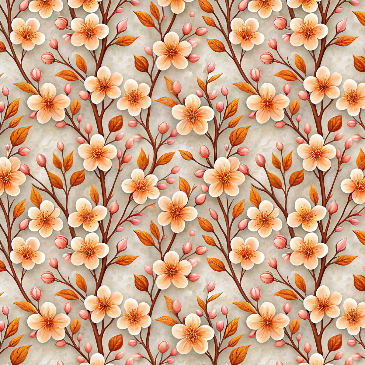 Apricot Blossom and Coral Buds artwork at the supplied scale for a nominal 60 x 60 cm reference panel.