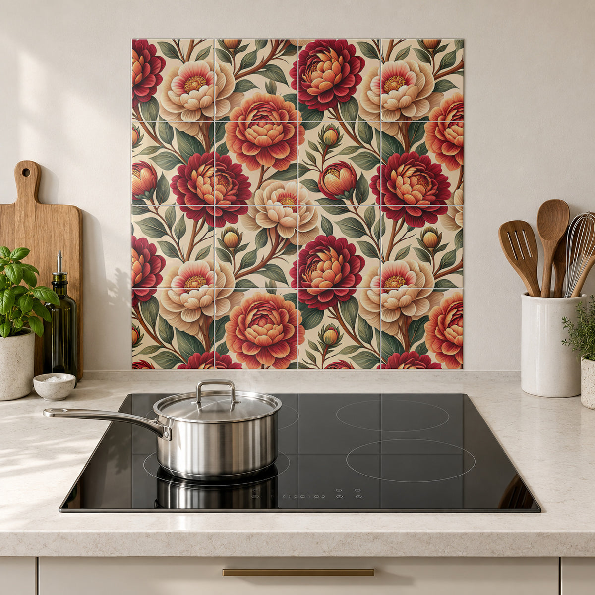 Rust and Cream Peony Garden in the Wolfborn Studio kitchen mockup; 60 x 60 cm panel across 4 rows and 4 columns of 15 cm tiles. Styling illustration.
