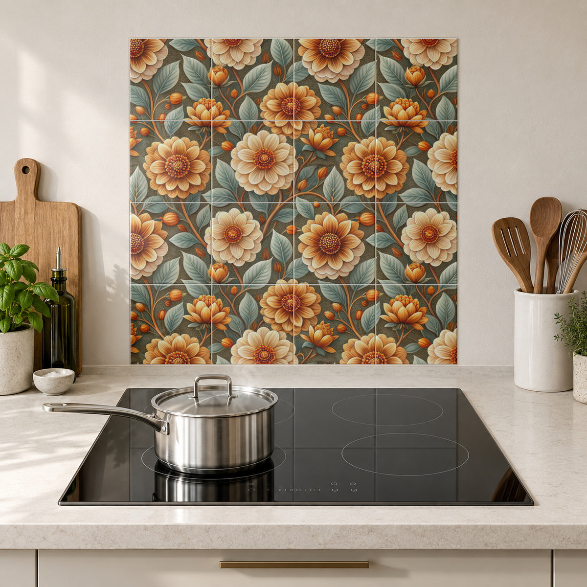 Golden Apricot Blooms on Sage in the Wolfborn Studio kitchen mockup; 60 x 60 cm panel across 4 rows and 4 columns of 15 cm tiles. Styling illustration.