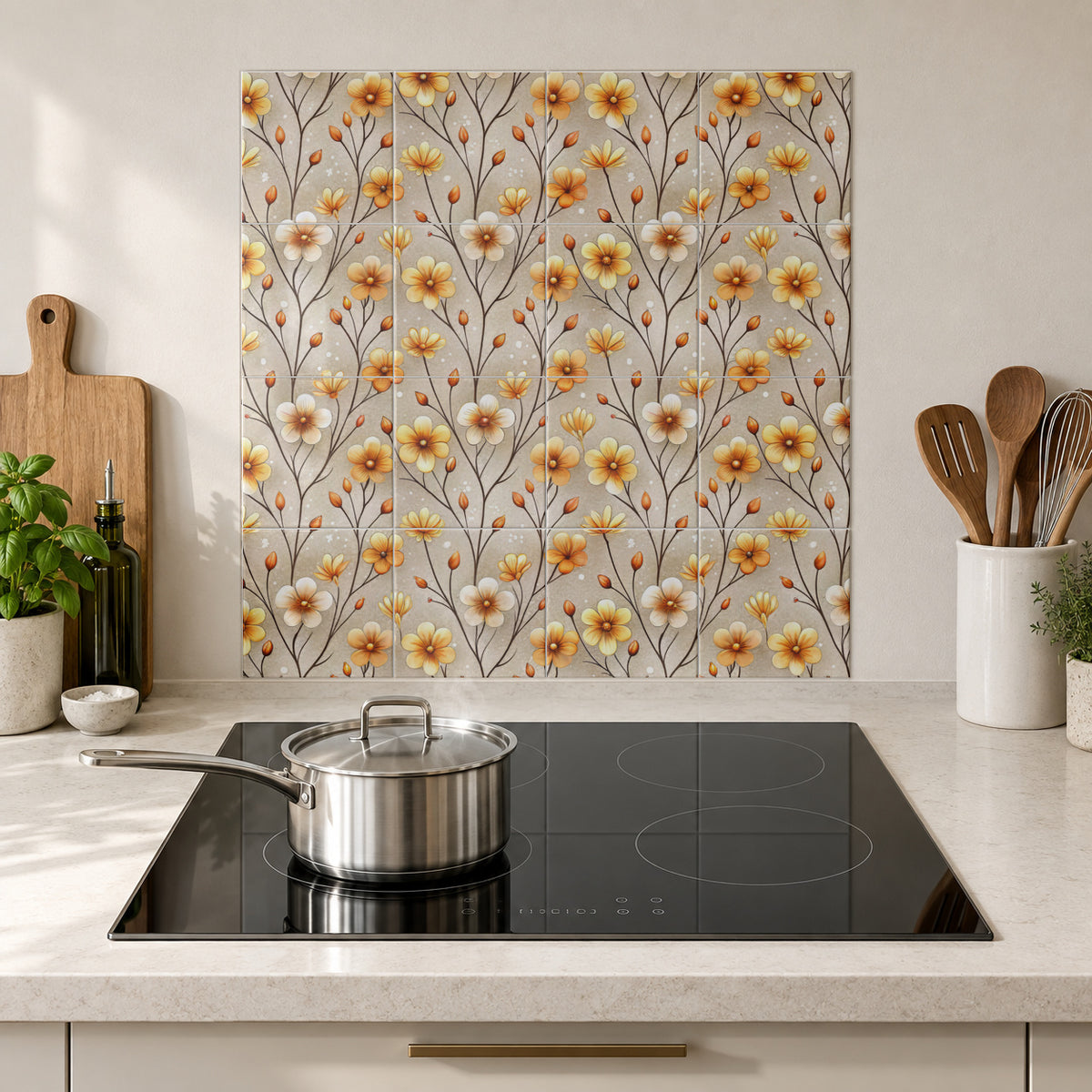 Golden Meadow Blossom Sprigs in the Wolfborn Studio kitchen mockup; 60 x 60 cm panel across 4 rows and 4 columns of 15 cm tiles. Styling illustration.