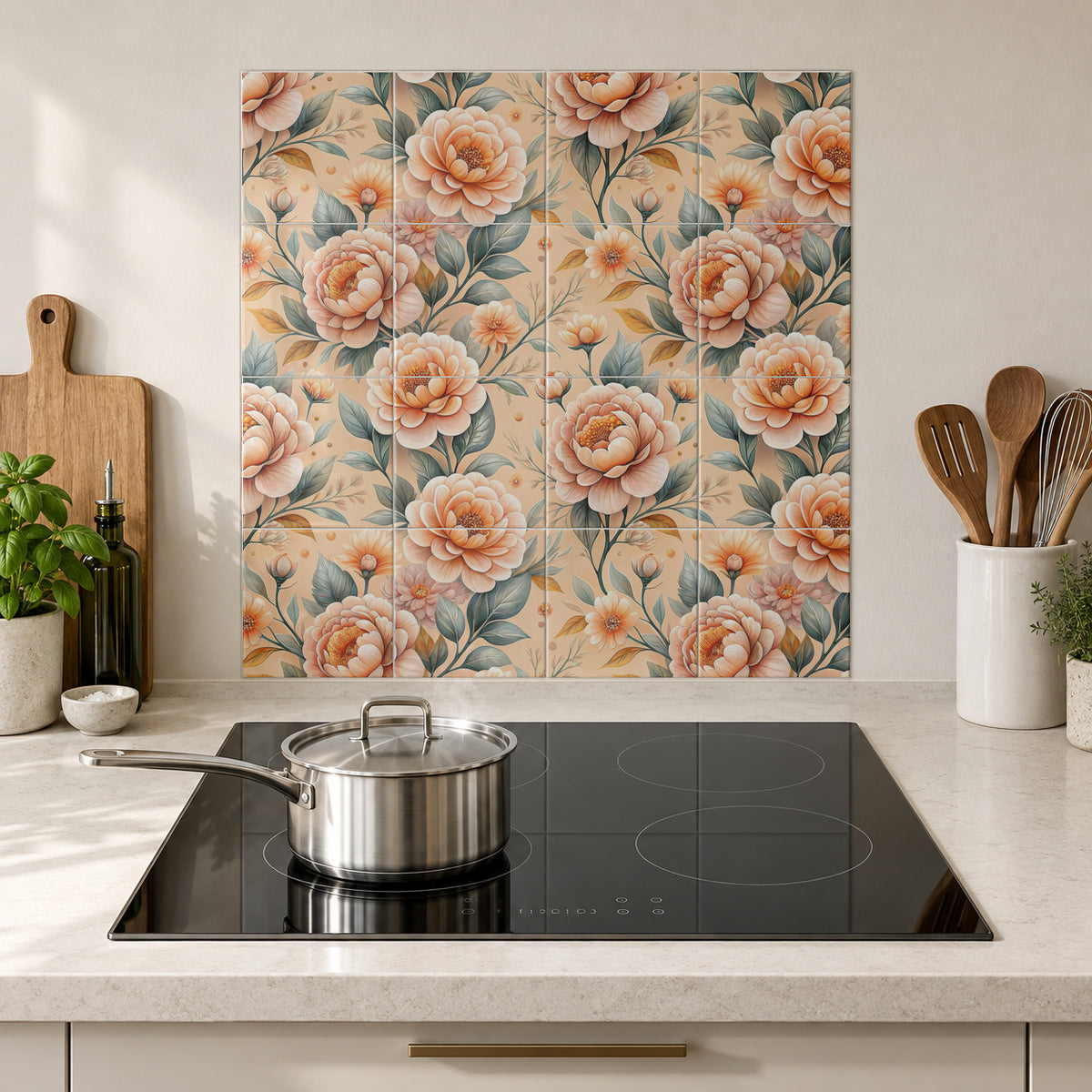 Peach Peony Garden in the Wolfborn Studio kitchen mockup; 60 x 60 cm panel across 4 rows and 4 columns of 15 cm tiles. Styling illustration.
