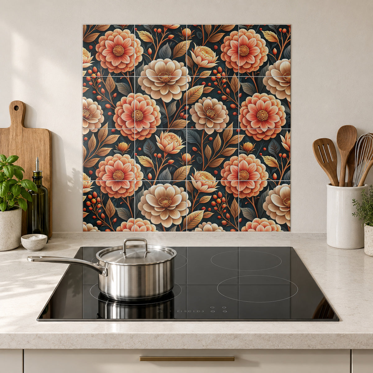 Amber Blooms on Midnight in the Wolfborn Studio kitchen mockup; 60 x 60 cm panel across 4 rows and 4 columns of 15 cm tiles. Styling illustration.