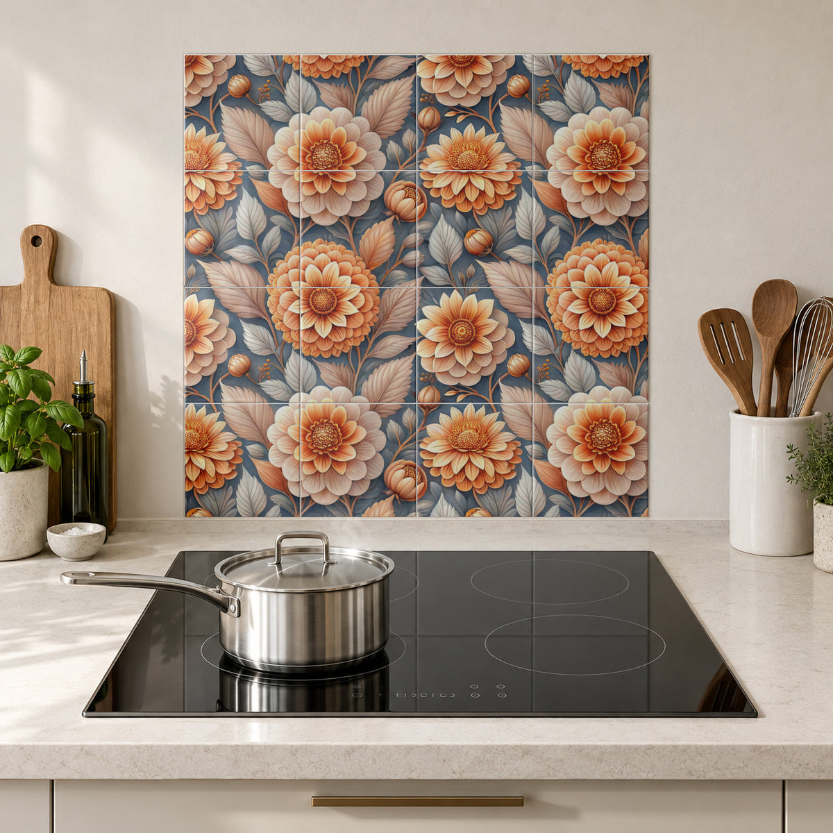 Apricot Dahlia on Slate in the Wolfborn Studio kitchen mockup; 60 x 60 cm panel across 4 rows and 4 columns of 15 cm tiles. Styling illustration.