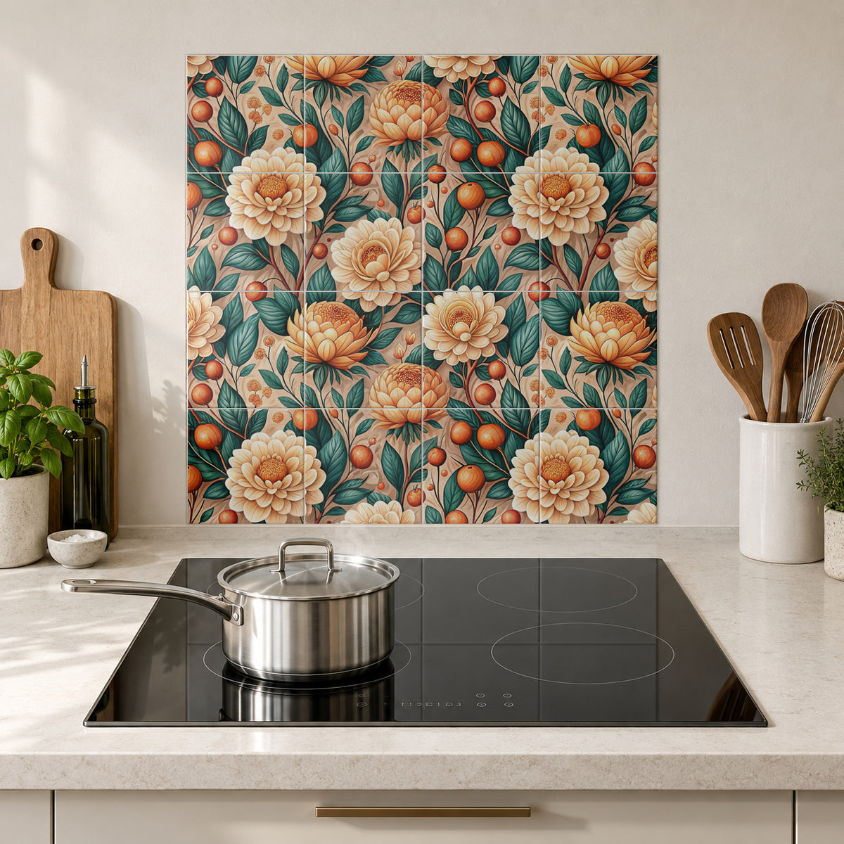 Peach Garden with Orange Berries in the Wolfborn Studio kitchen mockup; 60 x 60 cm panel across 4 rows and 4 columns of 15 cm tiles. Styling illustration.