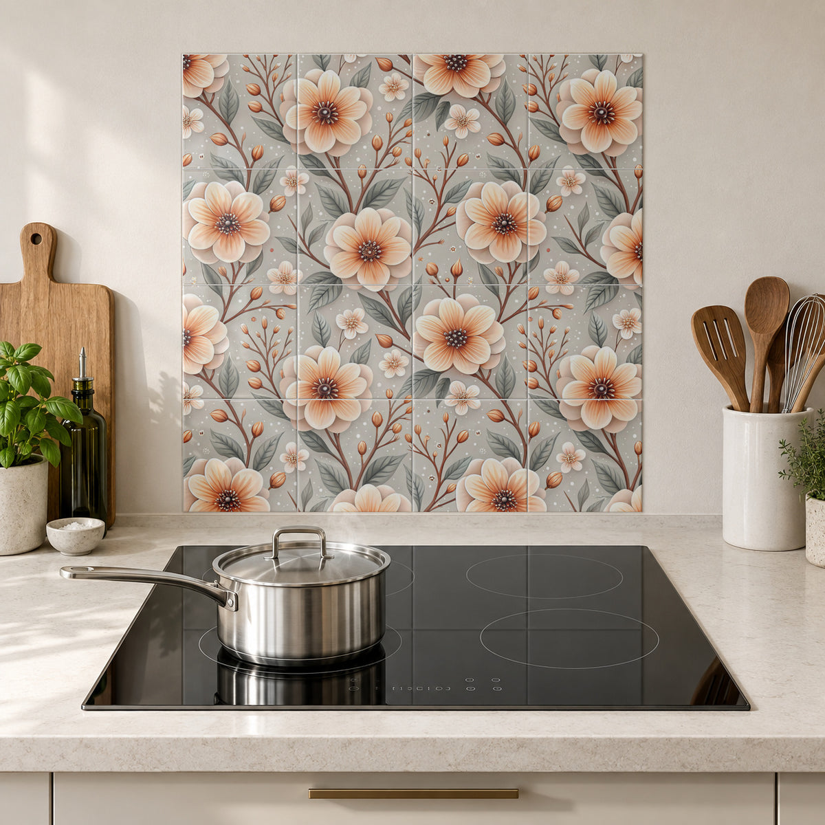 Soft Peach Blossoms on Grey in the Wolfborn Studio kitchen mockup; 60 x 60 cm panel across 4 rows and 4 columns of 15 cm tiles. Styling illustration.