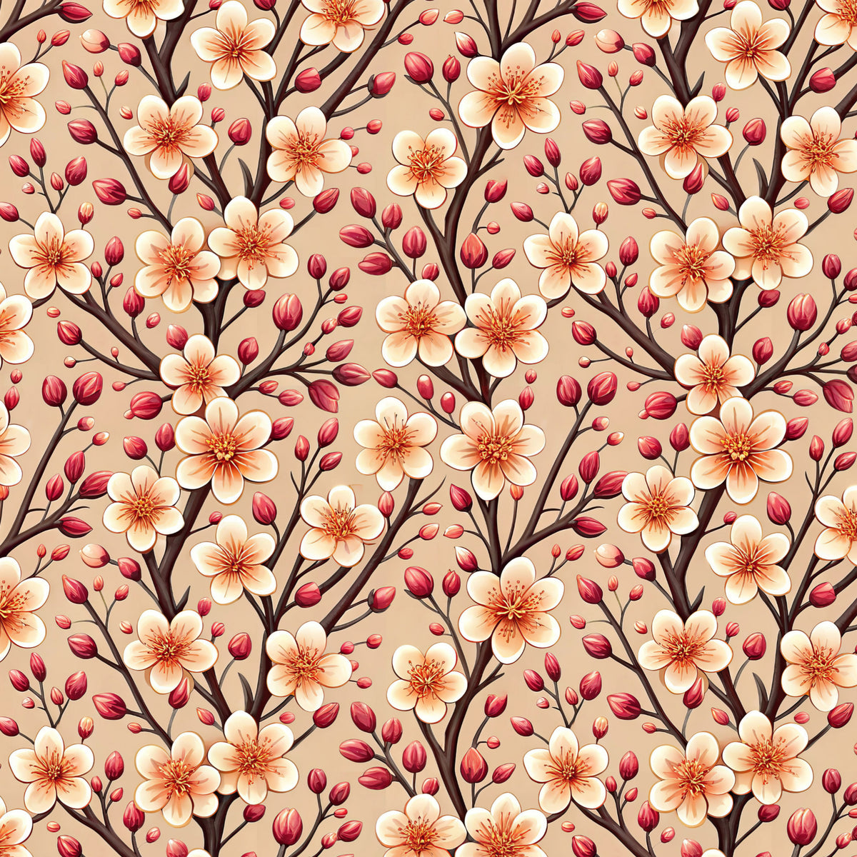 Cream Blossom and Rosehip Trail artwork at the supplied scale for a nominal 60 x 60 cm reference panel.