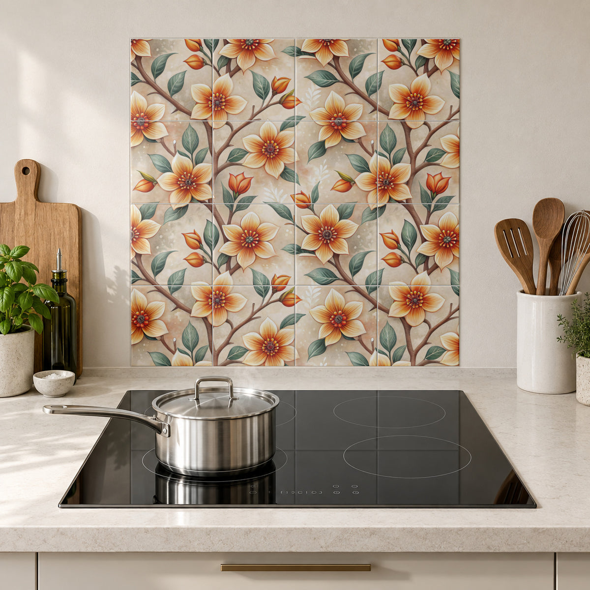 Golden Blossom Branches in the Wolfborn Studio kitchen mockup; 60 x 60 cm panel across 4 rows and 4 columns of 15 cm tiles. Styling illustration.