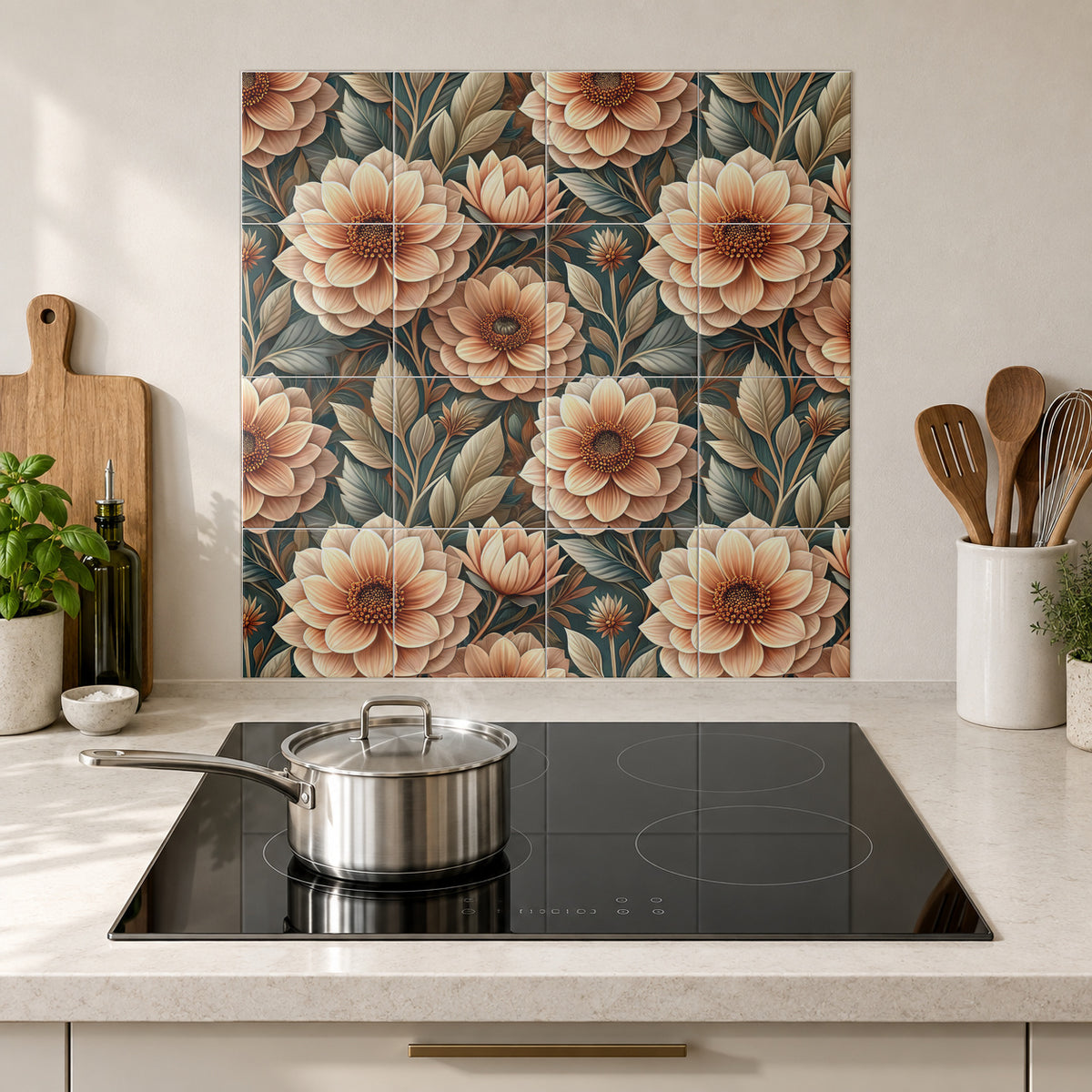 Warm Peach Botanical Bouquet in the Wolfborn Studio kitchen mockup; 60 x 60 cm panel across 4 rows and 4 columns of 15 cm tiles. Styling illustration.