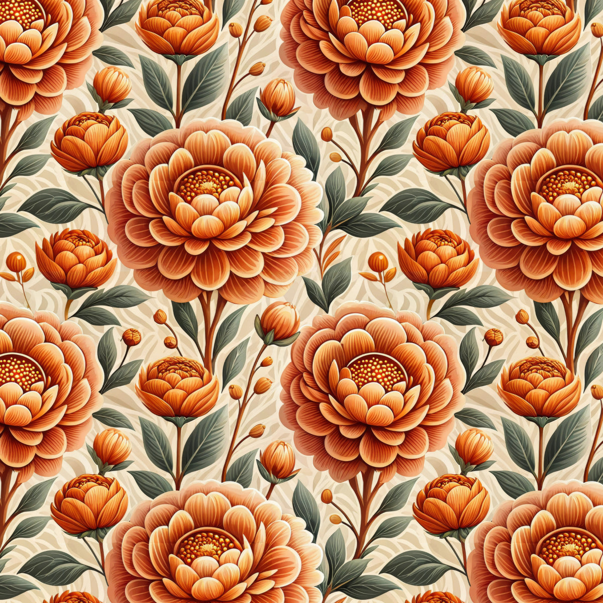 Copper Peony on Cream artwork at the supplied scale for a nominal 60 x 60 cm reference panel.