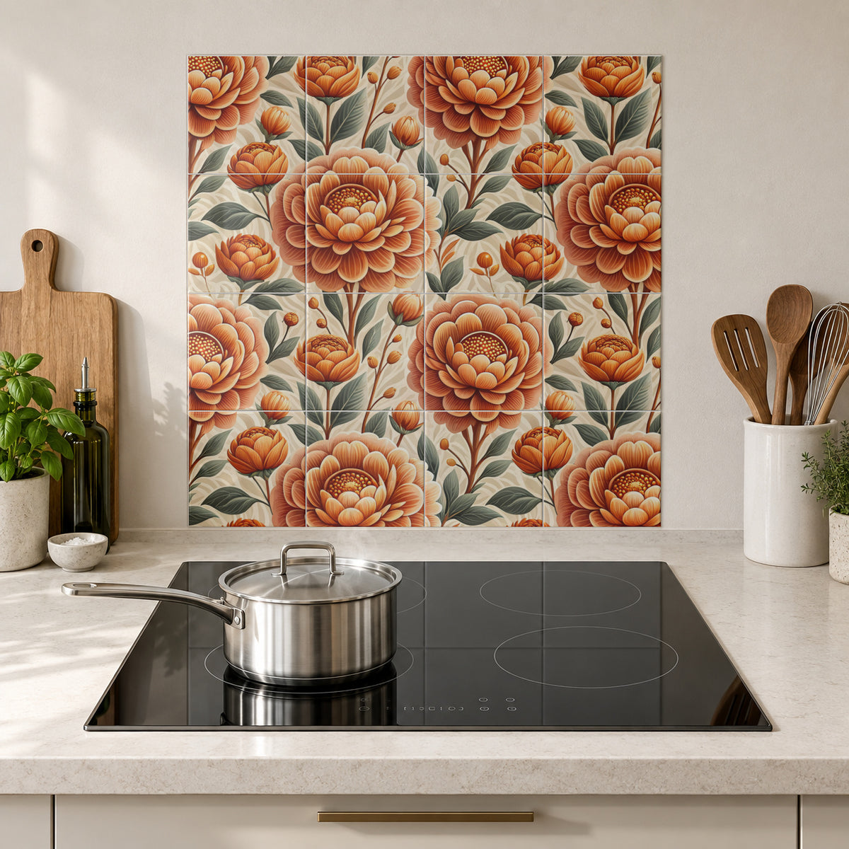 Copper Peony on Cream in the Wolfborn Studio kitchen mockup; 60 x 60 cm panel across 4 rows and 4 columns of 15 cm tiles. Styling illustration.