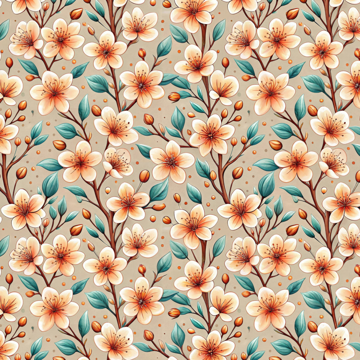 Apricot Blossom and Teal Leaves artwork at the supplied scale for a nominal 60 x 60 cm reference panel.