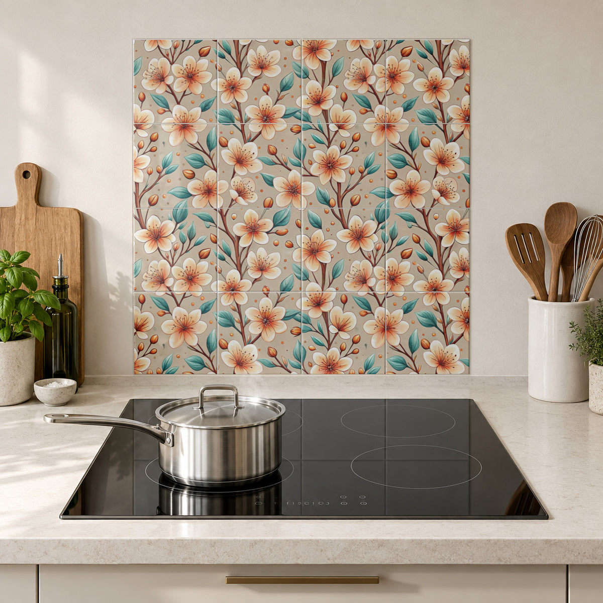 Apricot Blossom and Teal Leaves in the Wolfborn Studio kitchen mockup; 60 x 60 cm panel across 4 rows and 4 columns of 15 cm tiles. Styling illustration.