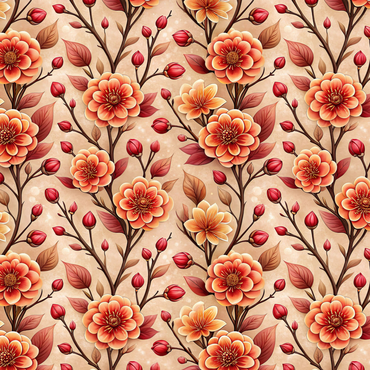 Coral Dahlia and Red Buds artwork at the supplied scale for a nominal 60 x 60 cm reference panel.