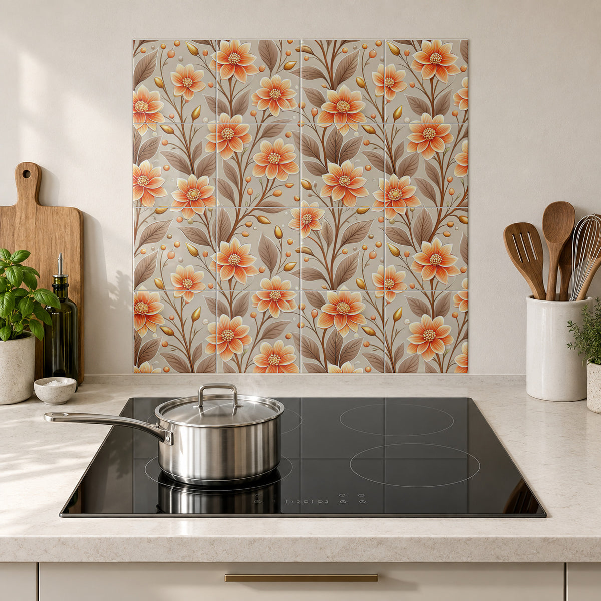 Amber Daisy Branches in the Wolfborn Studio kitchen mockup; 60 x 60 cm panel across 4 rows and 4 columns of 15 cm tiles. Styling illustration.