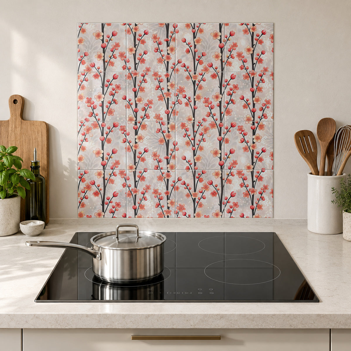 Coral Blossom Twig Garden in the Wolfborn Studio kitchen mockup; 60 x 60 cm panel across 4 rows and 4 columns of 15 cm tiles. Styling illustration.
