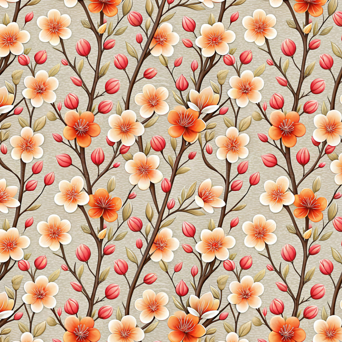 Apricot Wildflower Bud Trail artwork at the supplied scale for a nominal 60 x 60 cm reference panel.