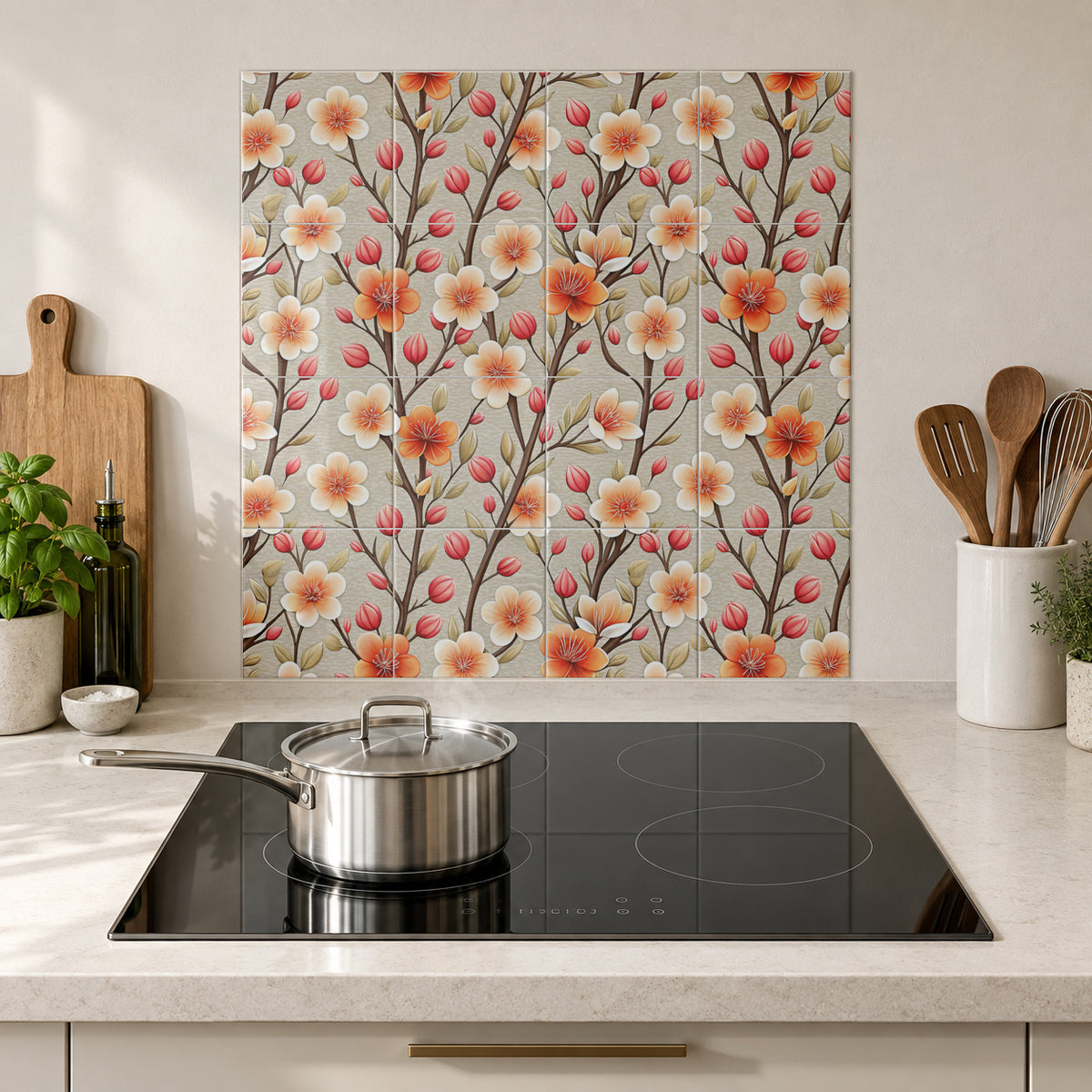 Apricot Wildflower Bud Trail in the Wolfborn Studio kitchen mockup; 60 x 60 cm panel across 4 rows and 4 columns of 15 cm tiles. Styling illustration.