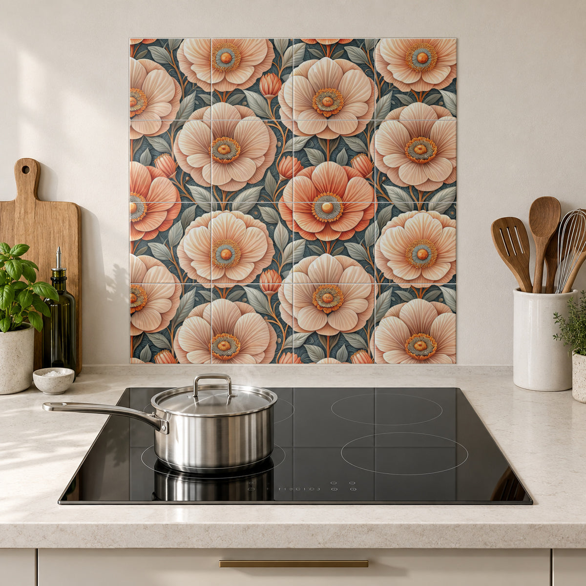 Peach Poppy on Midnight in the Wolfborn Studio kitchen mockup; 60 x 60 cm panel across 4 rows and 4 columns of 15 cm tiles. Styling illustration.