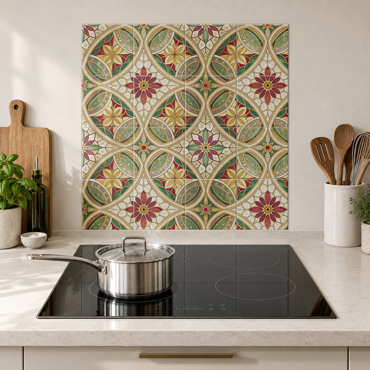 Heritage Floral Mosaic in the Wolfborn Studio kitchen mockup; 60 x 60 cm panel across 4 rows and 4 columns of 15 cm tiles. Styling illustration.