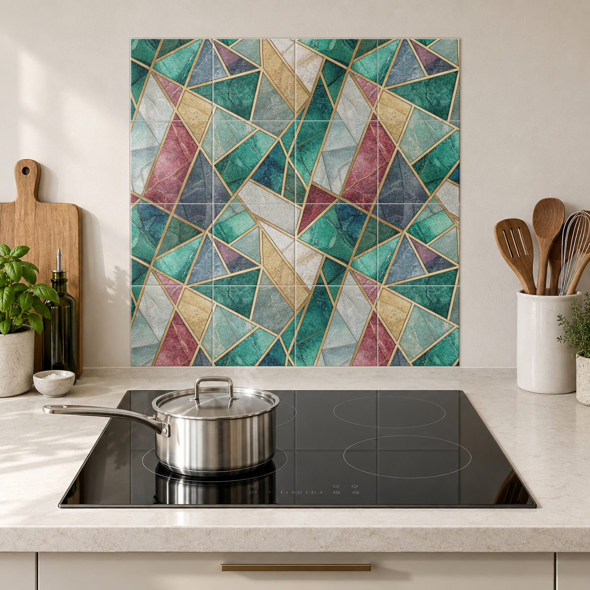 Emerald Rose Geometric Glass in the Wolfborn Studio kitchen mockup; 60 x 60 cm panel across 4 rows and 4 columns of 15 cm tiles. Styling illustration.