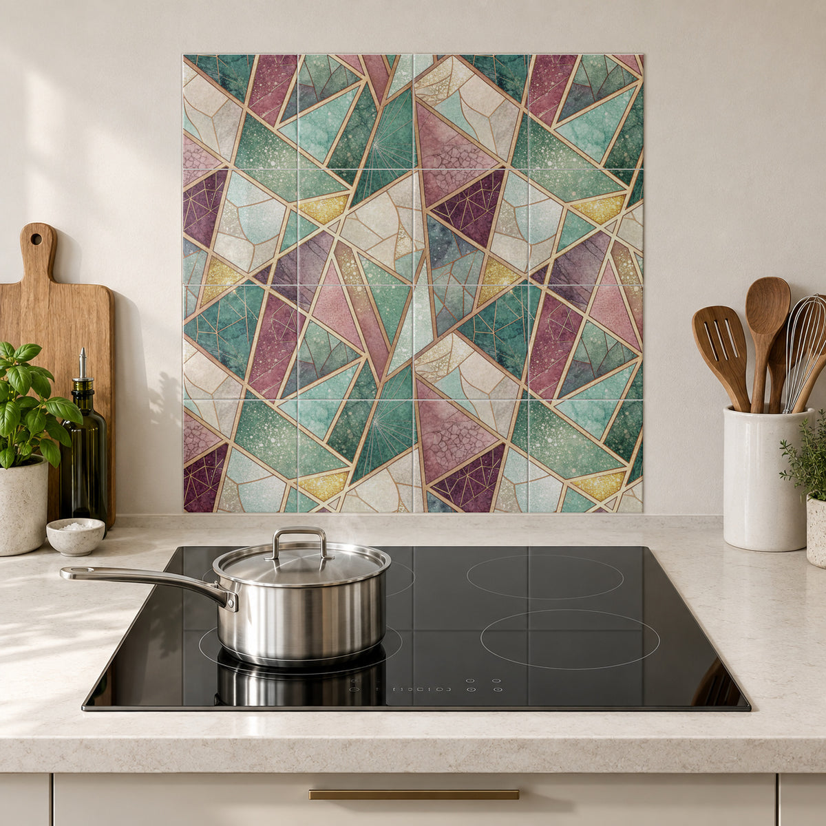 Sage Blush Mosaic Shards in the Wolfborn Studio kitchen mockup; 60 x 60 cm panel across 4 rows and 4 columns of 15 cm tiles. Styling illustration.
