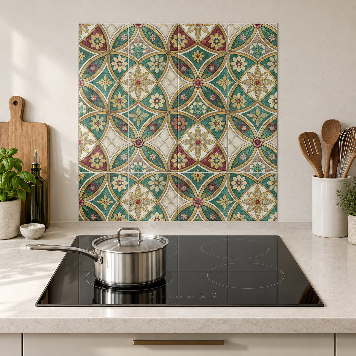 Teal and Cream Floral Mosaic in the Wolfborn Studio kitchen mockup; 60 x 60 cm panel across 4 rows and 4 columns of 15 cm tiles. Styling illustration.