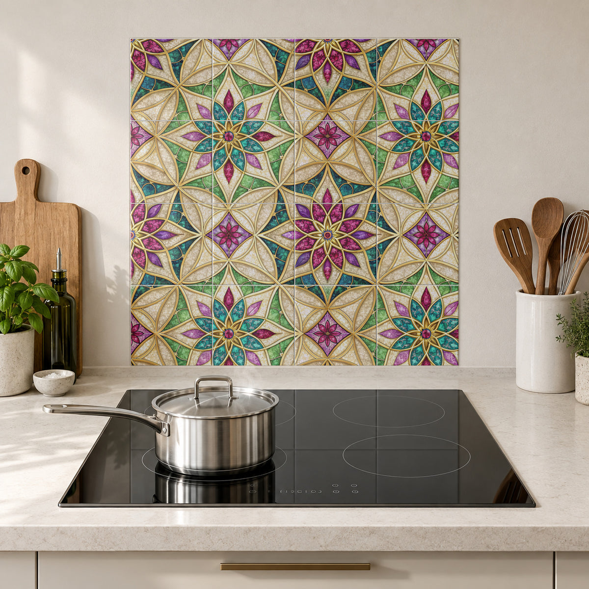 Jewel Floral Star Mosaic in the Wolfborn Studio kitchen mockup; 60 x 60 cm panel across 4 rows and 4 columns of 15 cm tiles. Styling illustration.