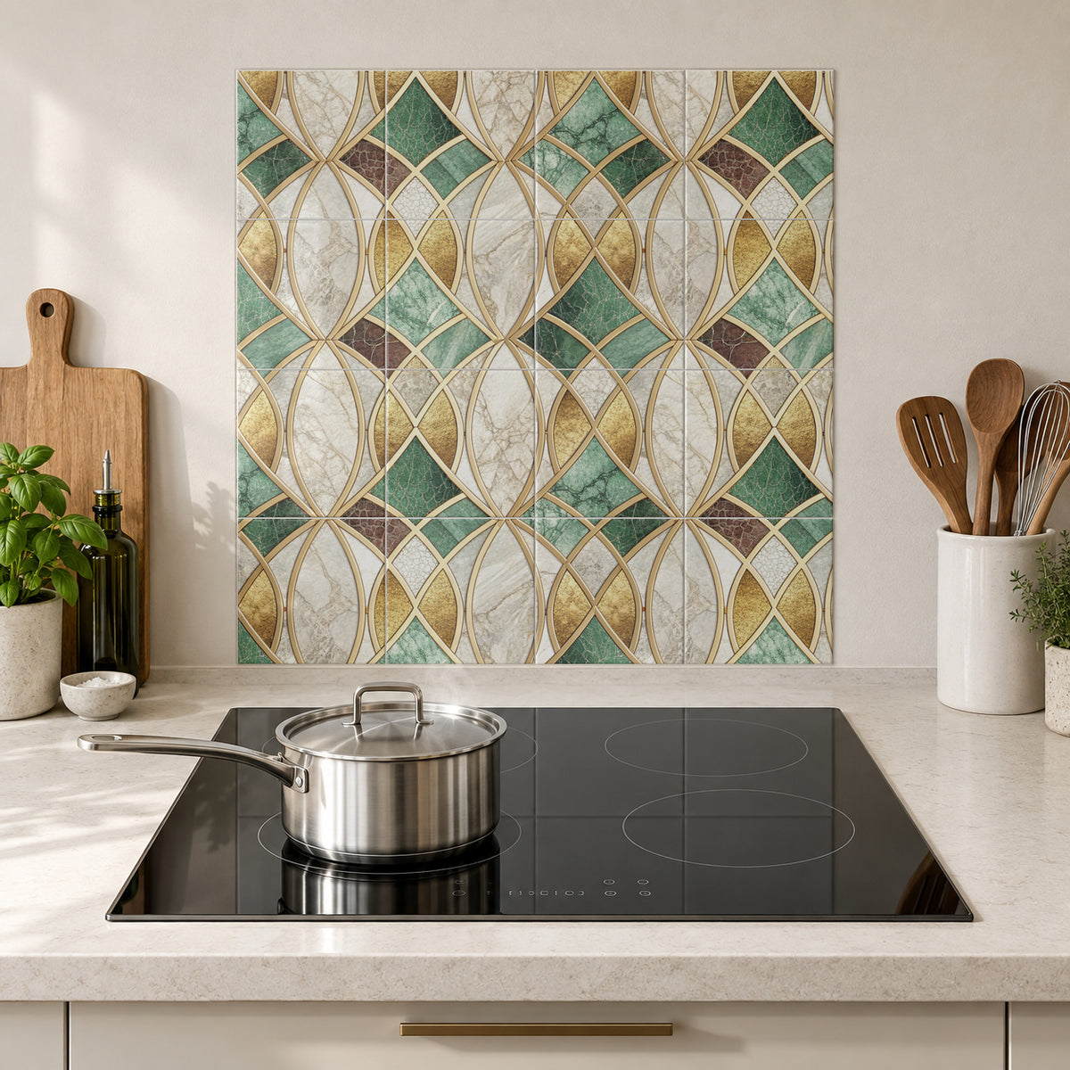 Sage Gold Petal Lattice in the Wolfborn Studio kitchen mockup; 60 x 60 cm panel across 4 rows and 4 columns of 15 cm tiles. Styling illustration.