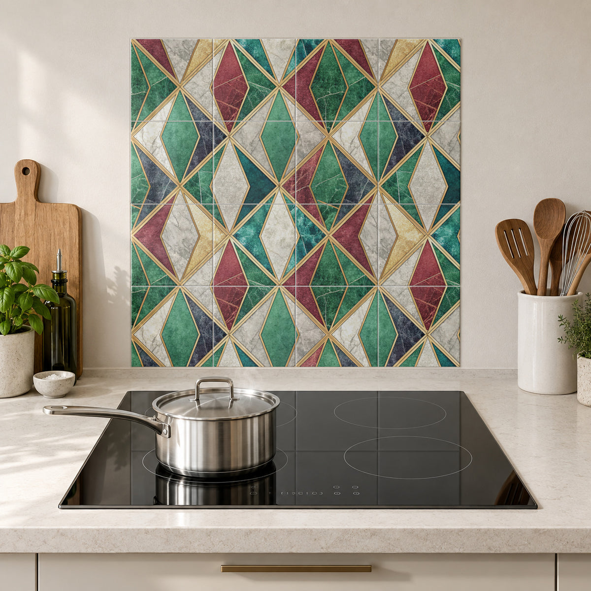 Emerald Ruby Diamond Mosaic in the Wolfborn Studio kitchen mockup; 60 x 60 cm panel across 4 rows and 4 columns of 15 cm tiles. Styling illustration.