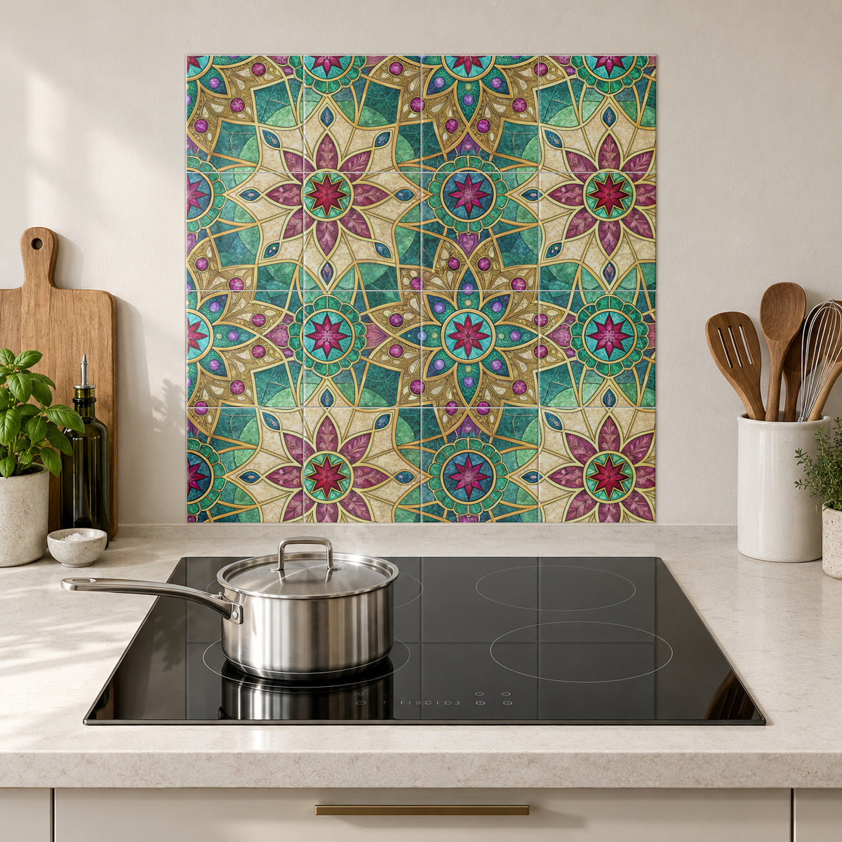 Turquoise Jewel Star Mosaic in the Wolfborn Studio kitchen mockup; 60 x 60 cm panel across 4 rows and 4 columns of 15 cm tiles. Styling illustration.