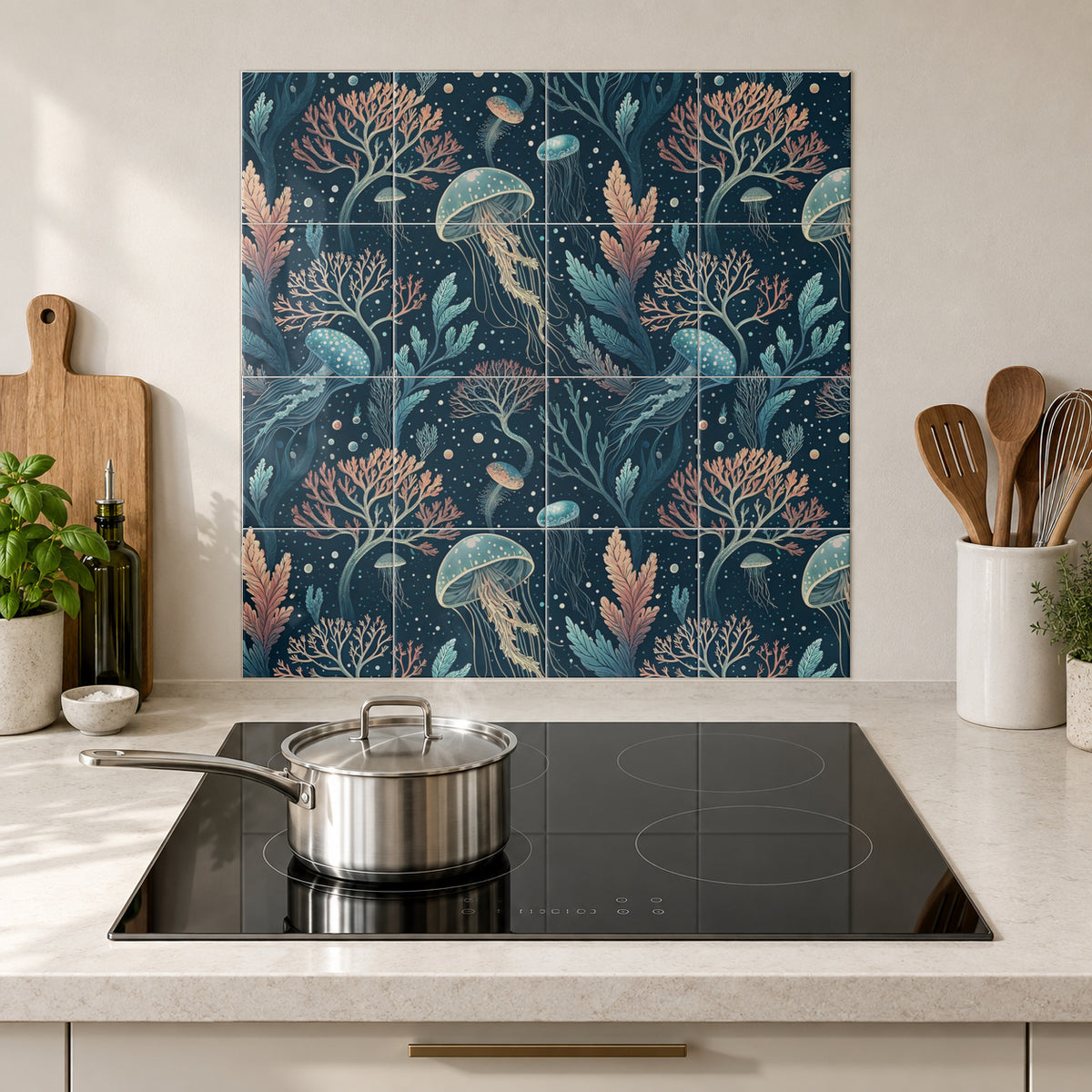Midnight Jellyfish Reef in the Wolfborn Studio kitchen mockup; 60 x 60 cm panel across 4 rows and 4 columns of 15 cm tiles. Styling illustration.