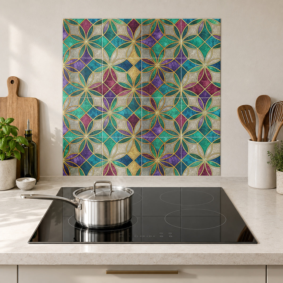Jewel Petal Mosaic in the Wolfborn Studio kitchen mockup; 60 x 60 cm panel across 4 rows and 4 columns of 15 cm tiles. Styling illustration.