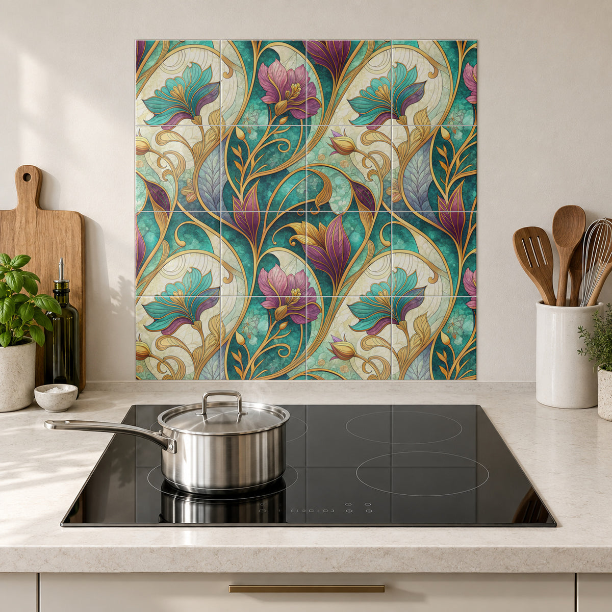 Teal and Plum Golden Floral Vines in the Wolfborn Studio kitchen mockup; 60 x 60 cm panel across 4 rows and 4 columns of 15 cm tiles. Styling illustration.