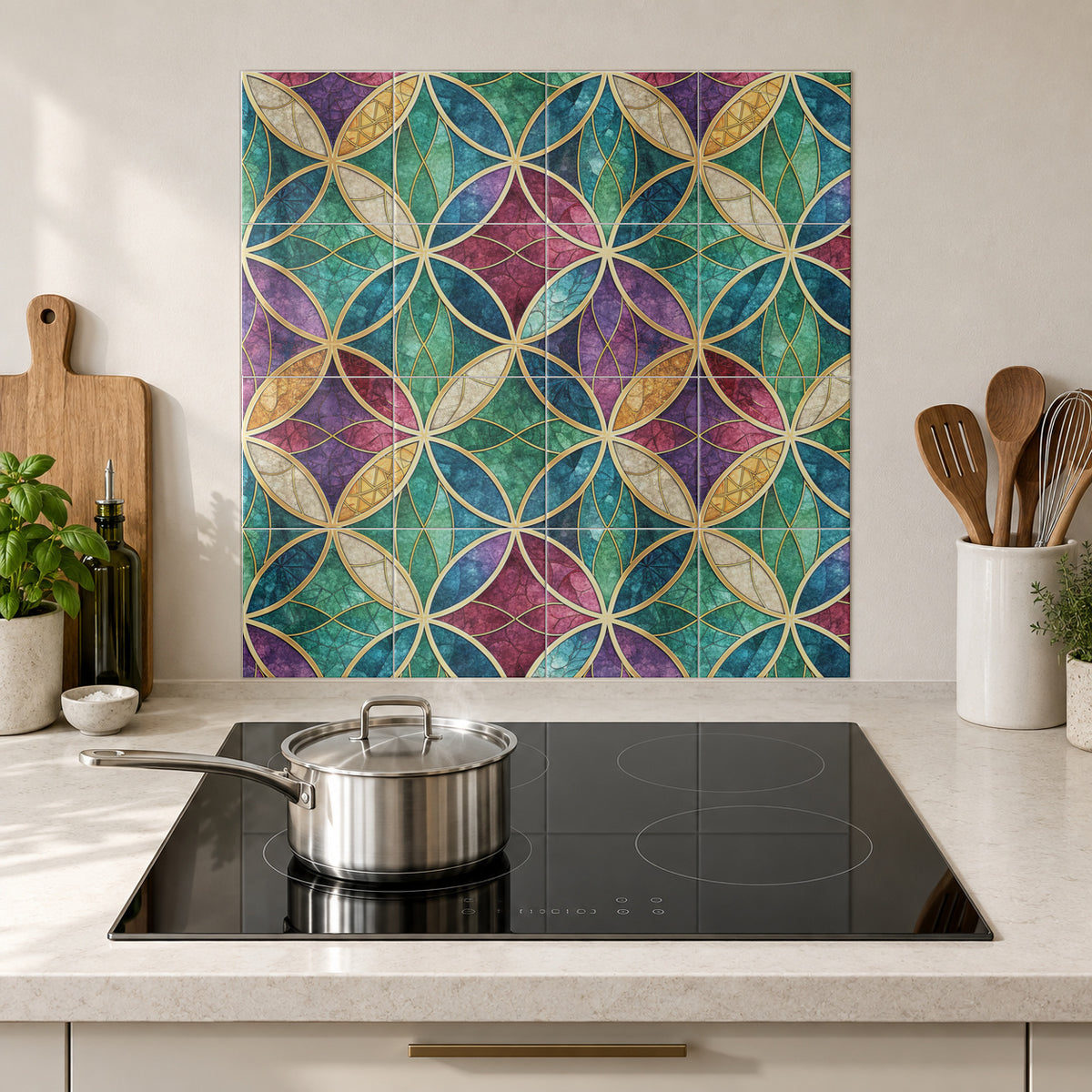 Jewel Glass Interlocking Petals in the Wolfborn Studio kitchen mockup; 60 x 60 cm panel across 4 rows and 4 columns of 15 cm tiles. Styling illustration.