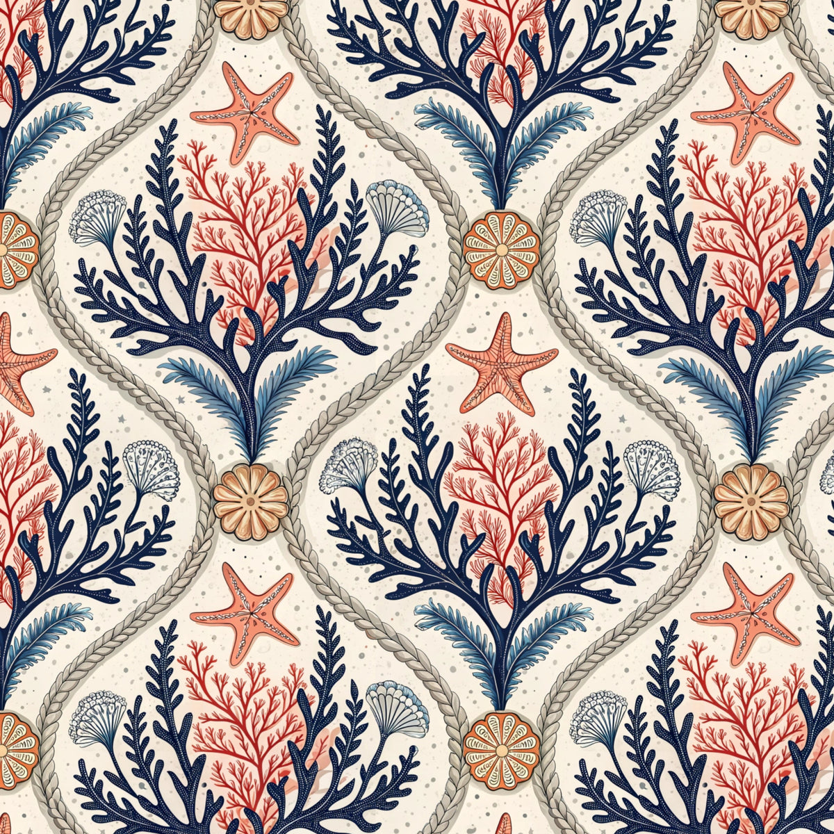 Coral and Navy Coastal Trellis artwork at the supplied scale for a nominal 60 x 60 cm reference panel.