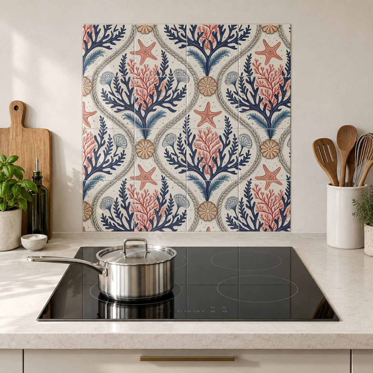 Coral and Navy Coastal Trellis in the Wolfborn Studio kitchen mockup; 60 x 60 cm panel across 4 rows and 4 columns of 15 cm tiles. Styling illustration.