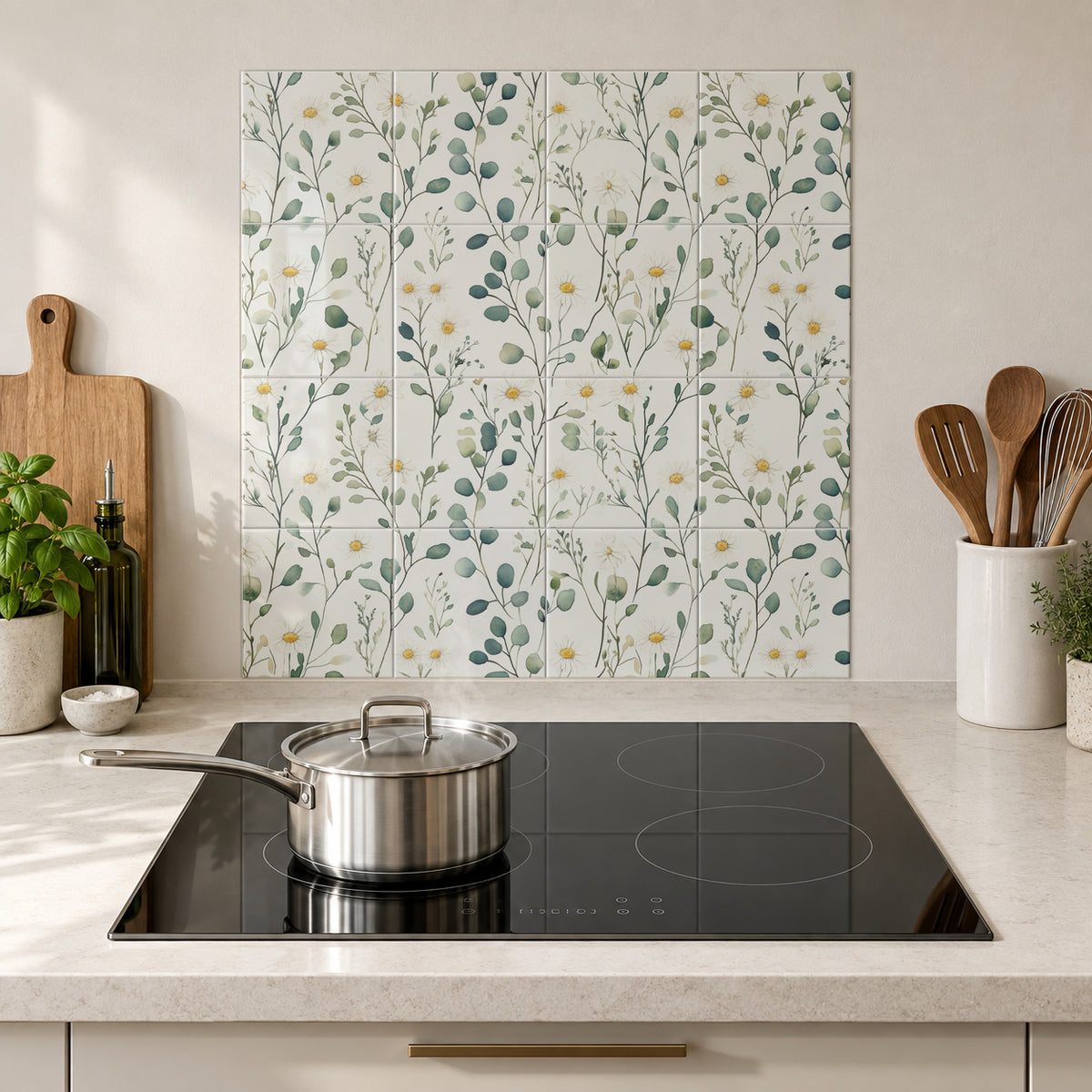Fine Stem Daisy and Eucalyptus in the Wolfborn Studio kitchen mockup; 60 x 60 cm panel across 4 rows and 4 columns of 15 cm tiles. Styling illustration.