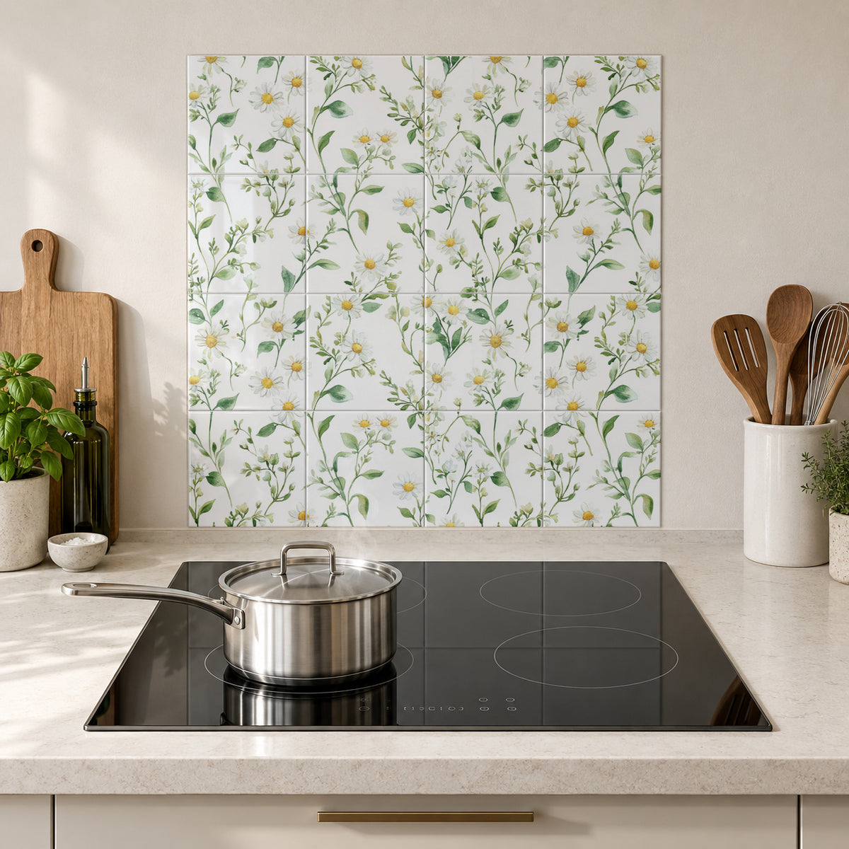 Delicate Daisy Meadow Sprigs in the Wolfborn Studio kitchen mockup; 60 x 60 cm panel across 4 rows and 4 columns of 15 cm tiles. Styling illustration.
